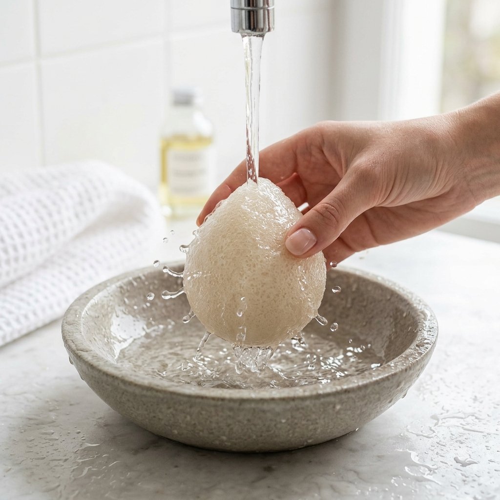 Esponja facial Konjac hidratada y lista para limpiar el rostro