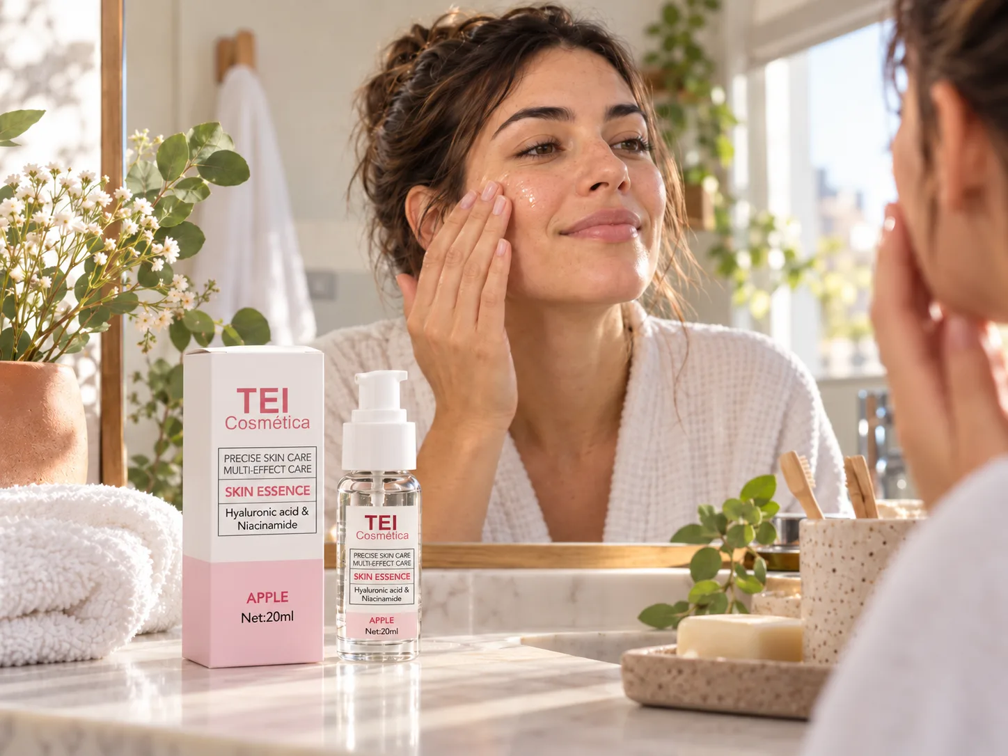Mujer aplicando Serum Facial TEI de 20 ml con dosificador pump después de limpiar el rostro